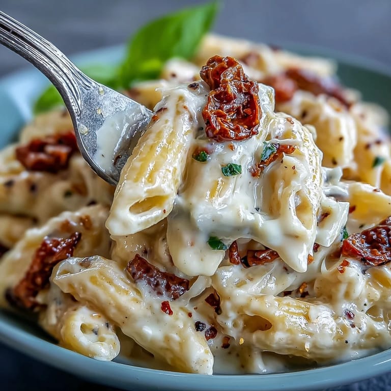 Velvety pasta dish featuring sun-dried tomatoes, garlic, and cream sauce, garnished with fresh basil and extra parmesan cheese.