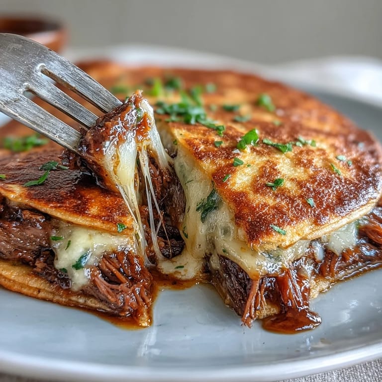 Crispy golden quesadillas stuffed with melty Oaxaca cheese and flavorful beef birria, garnished with fresh cilantro and onion for a festive meal.