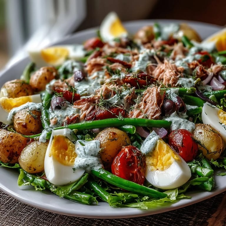 Vibrant Niçoise salad featuring creamy potatoes, juicy cherry tomatoes, and olives, perfect for a light French-inspired meal.