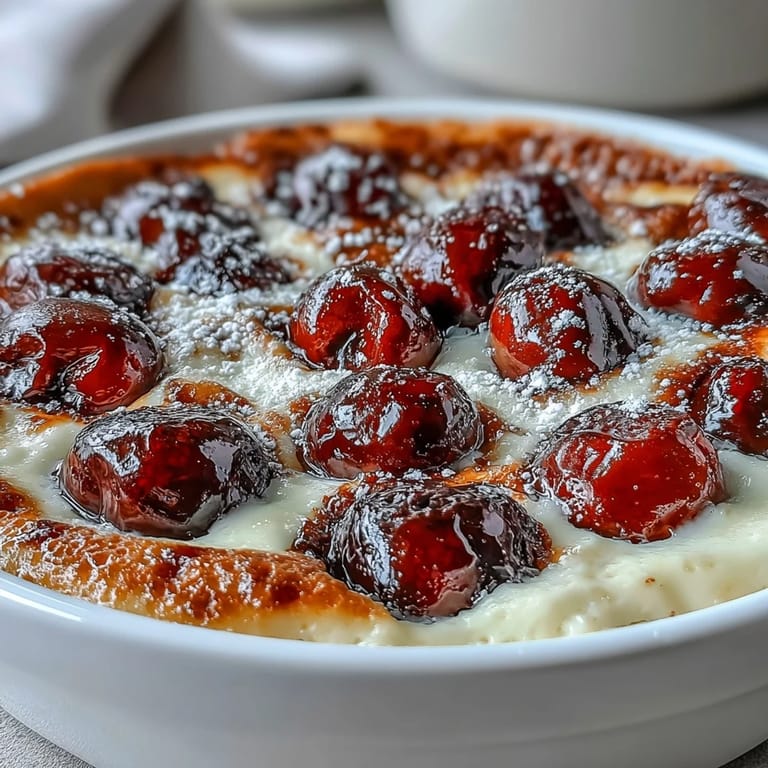 Juicy cherries nestled in creamy vanilla bean custard, baked to golden perfection and dusted with sweet powdered sugar.