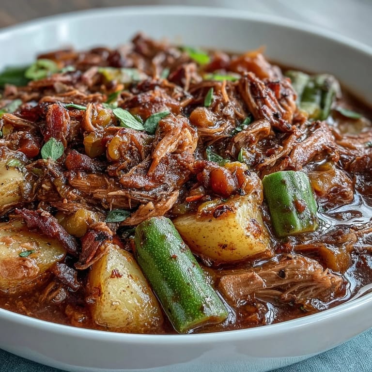 A steaming bowl of Kentucky Derby Burgoo, packed with beef, pork, and chicken, served with crusty bread for a comforting meal.