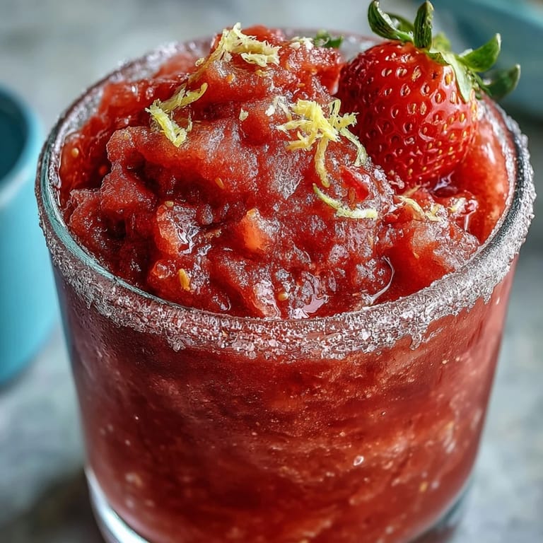 Smooth and frosty strawberry lemonade slushie made with three simple ingredients, served in chilled glasses with fresh mint garnish.