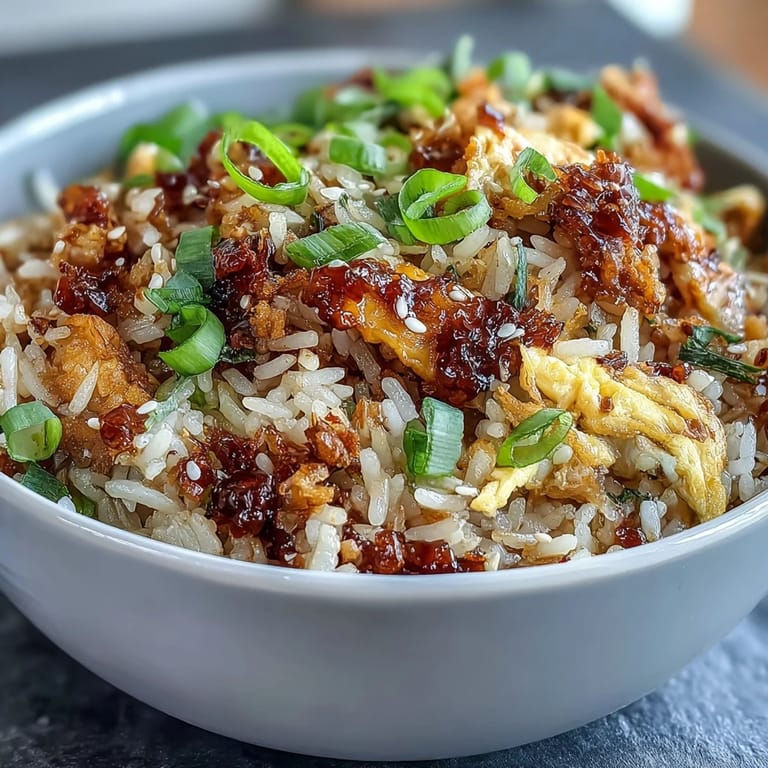 Spicy Chili Crisp Egg Fried Rice featuring vibrant chili crisp, tender rice, and fresh green onions in a sizzling skillet.  