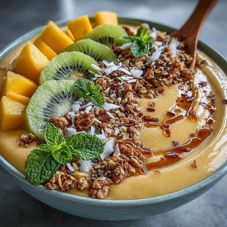 Vibrant smoothie bowl blending sweet mango and tangy lime with a subtle chili kick, topped with fresh fruit and granola.  