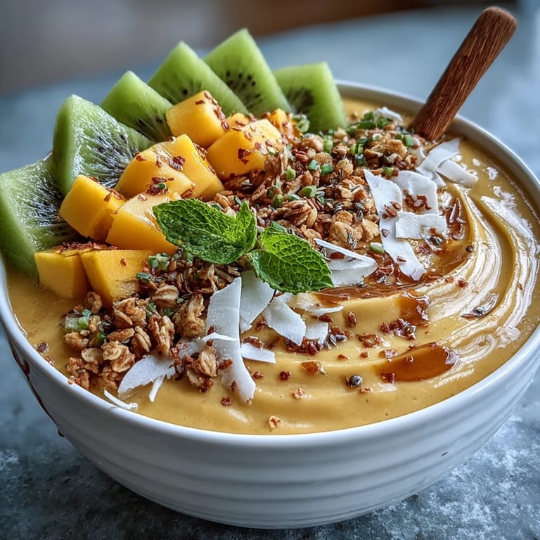 Bright and zesty mango chili lime smoothie bowl, garnished with kiwi, coconut, and chia seeds for a tropical treat.
