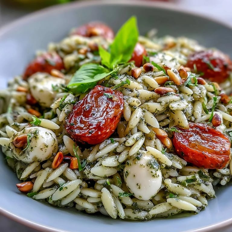 Refreshing cold orzo pasta salad featuring fragrant basil pesto, juicy cherry tomatoes, and creamy mozzarella balls tossed together.  