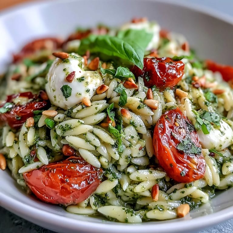 Colorful cold pesto orzo salad with bright cherry tomatoes, soft mozzarella, and torn basil leaves, perfect for summer gatherings.