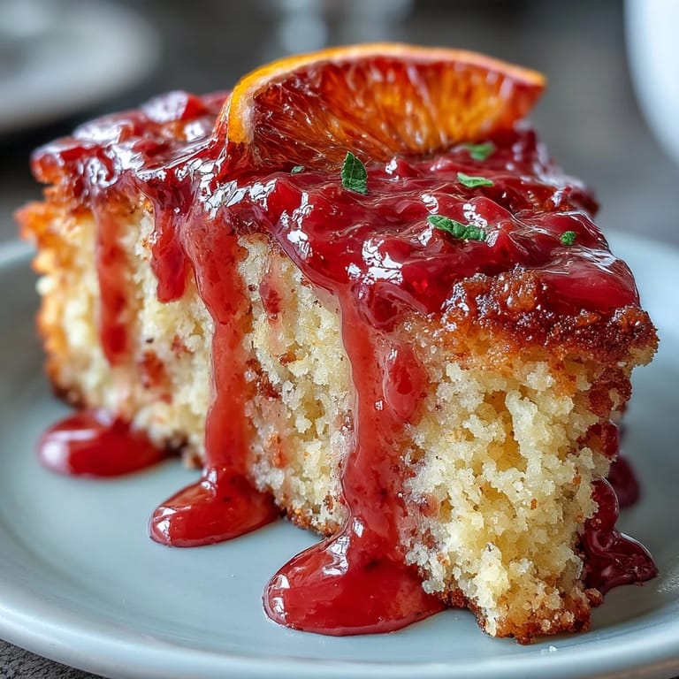 Stunning blood orange polenta cake topped with a glossy pink glaze and fresh citrus slices for decoration.