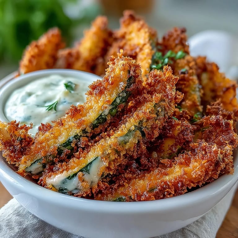 Tangy pickle fries, perfectly air-fried, served alongside creamy, zesty spicy mayo.