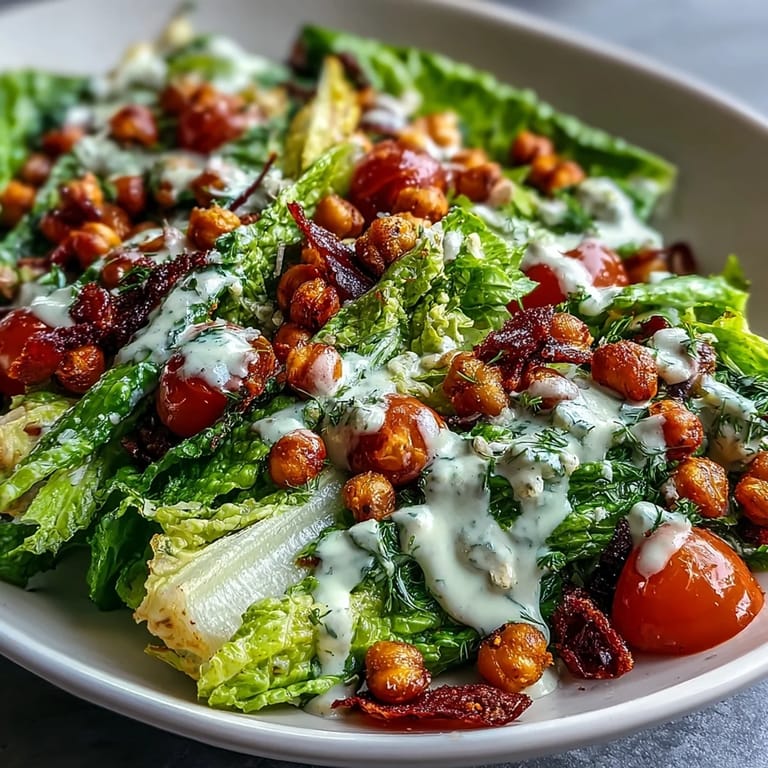 A refreshing Vegan Caesar Salad featuring fluffy romaine and savory, plant-based chickpea croutons.