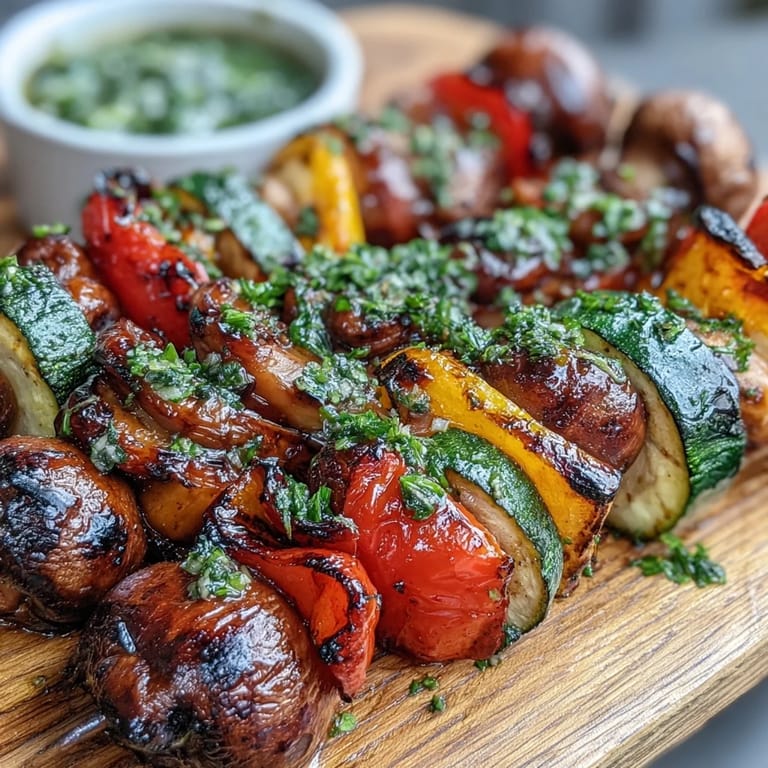 Vibrant, juicy grilled veggie kabobs showcasing fresh herbs and a bright, herbaceous chimichurri dressing.