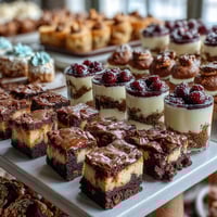 Housewarming Dessert Bar with Mini Treats - A colorful spread of bite-sized brownies, lemon cheesecakes, and fruit tartlets on a tiered stand.