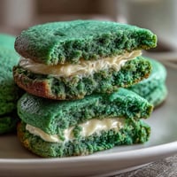 Sparkly St. Patricks Day green sugar cookie sandwiches with creamy vanilla frosting and sugar sparkle.