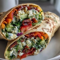Colorful rainbow veggie wraps with crisp bell peppers, carrots, and cabbage, perfect for a healthy packed lunch or picnic.