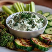 Vibrant green snacks board with cucumber, snap peas, and creamy avocado ranch dip for healthy snacking.  