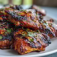 Honey Sriracha Grilled Chicken Thighs sizzling on a hot grill, glazed with a sticky, spicy-sweet marinade and charred to perfection.  