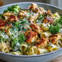 Creamy Garlic Parmesan Broccoli & Chicken Pasta in a skillet, garnished with parsley.