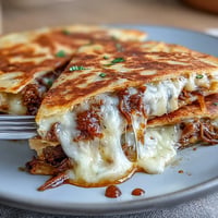 A plate of cheesy Cinco de Mayo birria quesadillas with tender shredded beef, served with a side of rich, spicy consommé for dipping.