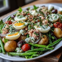 A colorful spring Niçoise salad with tuna, green beans, and soft-boiled eggs drizzled in tangy Dijon vinaigrette.