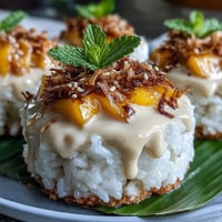 Creamy coconut sticky rice topped with fresh ripe mango slices in individual dessert cups.  