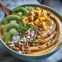 Creamy mango chili lime smoothie bowl with vibrant toppings and a hint of spice for a refreshing breakfast.  