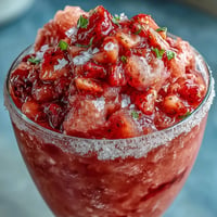 Refreshing frozen strawberry lemonade slushie with vibrant red berries and zesty lemon slices, perfect for cooling down on a hot summer day.