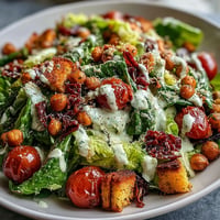 Crispy chickpea croutons top a vibrant Vegan Caesar Salad, bursting with creamy dressing.